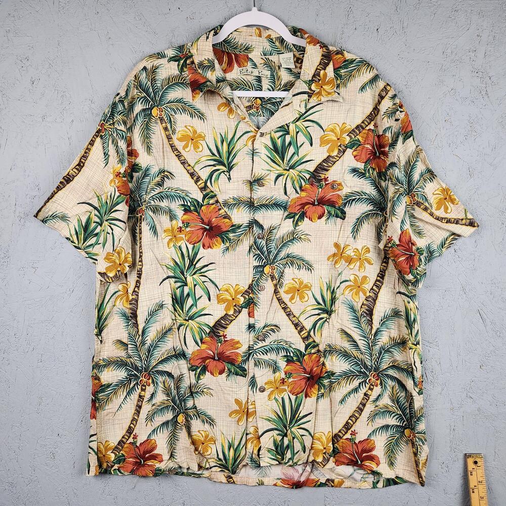 Batik Bay Shirt Mens 2XL Beige Rayon Hawaiian Aloha Floral Palm Camp Tropical